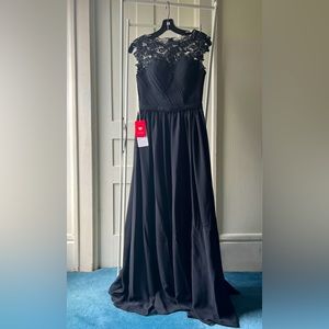 JJs House A-line Scoop Illusion Floor-Length Chiffon Lace Dress
